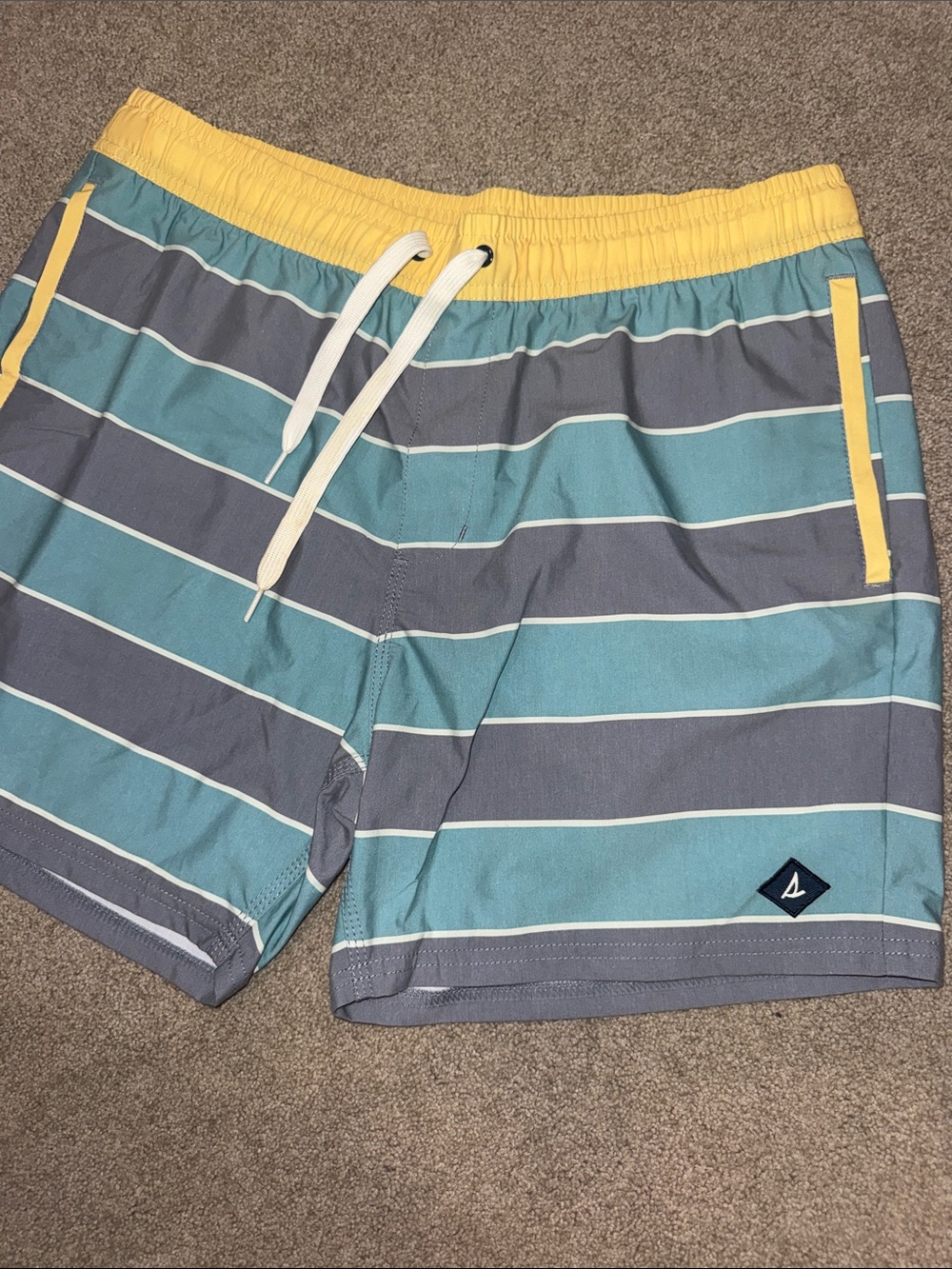 Sperry Men's Teal and Gray Striped Swim Trunks with Yellow Waistband L